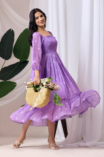 Women’s Lavender Puff Sleeve Flowy Maxi Dress.