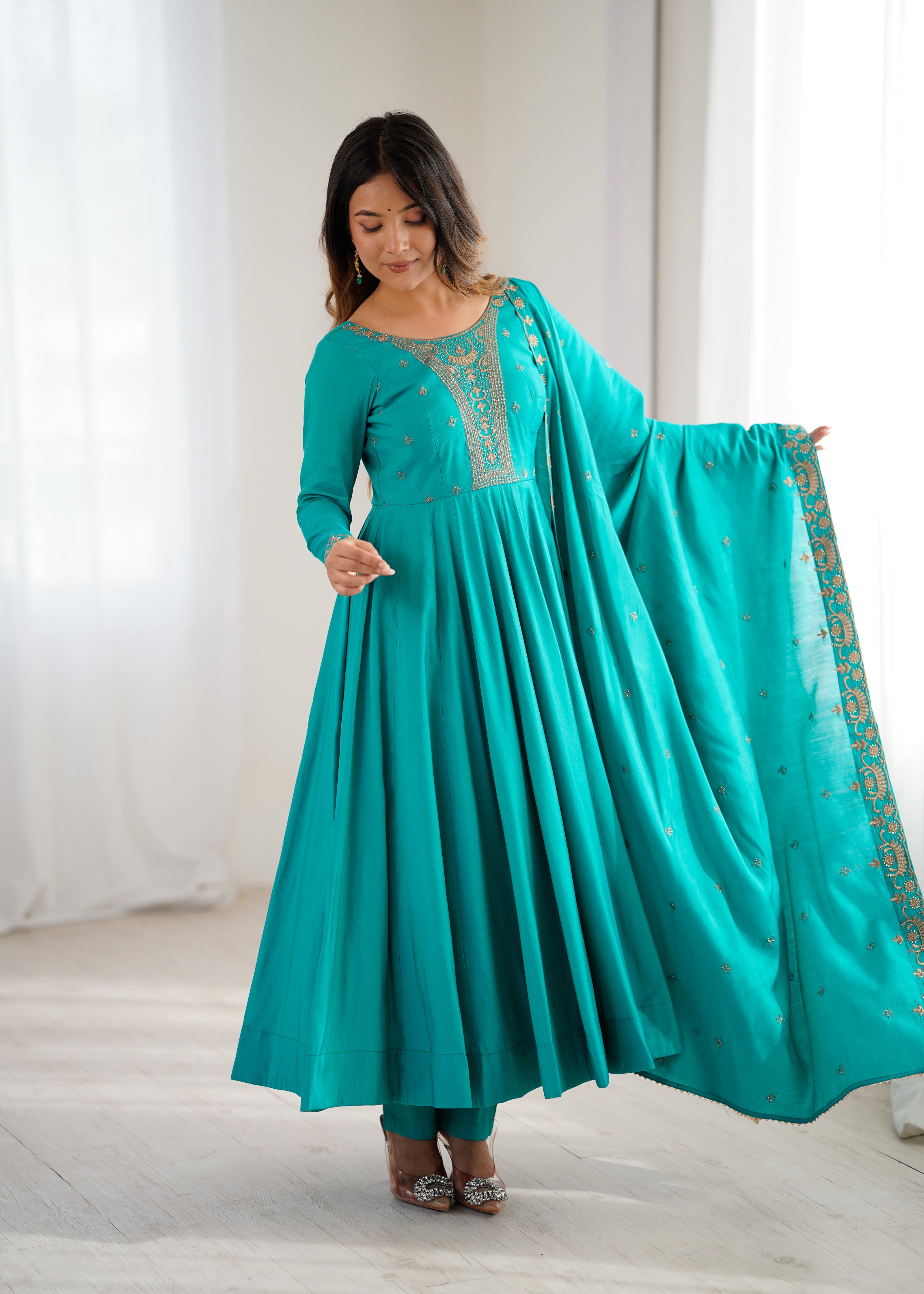 Teal Blue Embroidered Anarkali Kurta Set with Elegant Dupatta for Women.