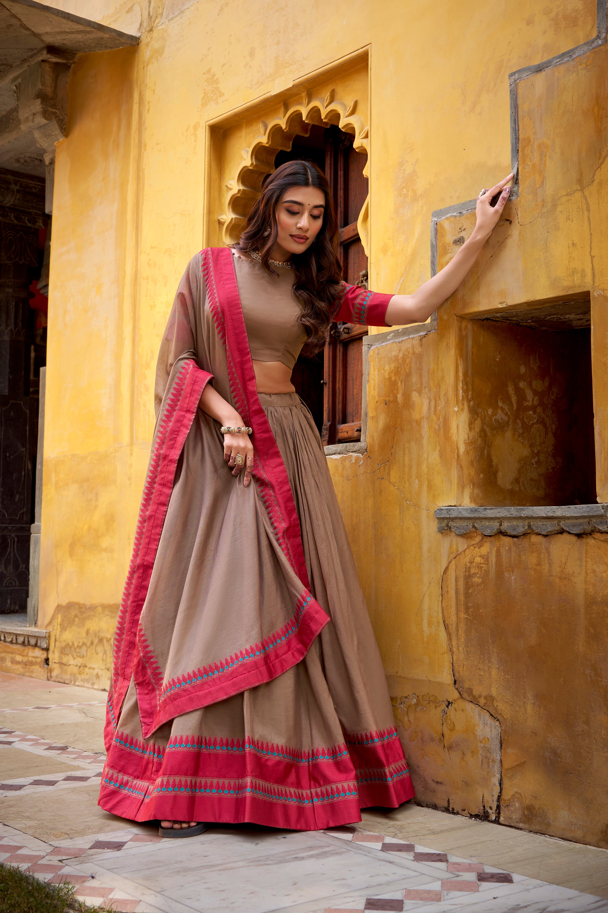 Designer Lehenga Choli with Contrast Border Dupatta.