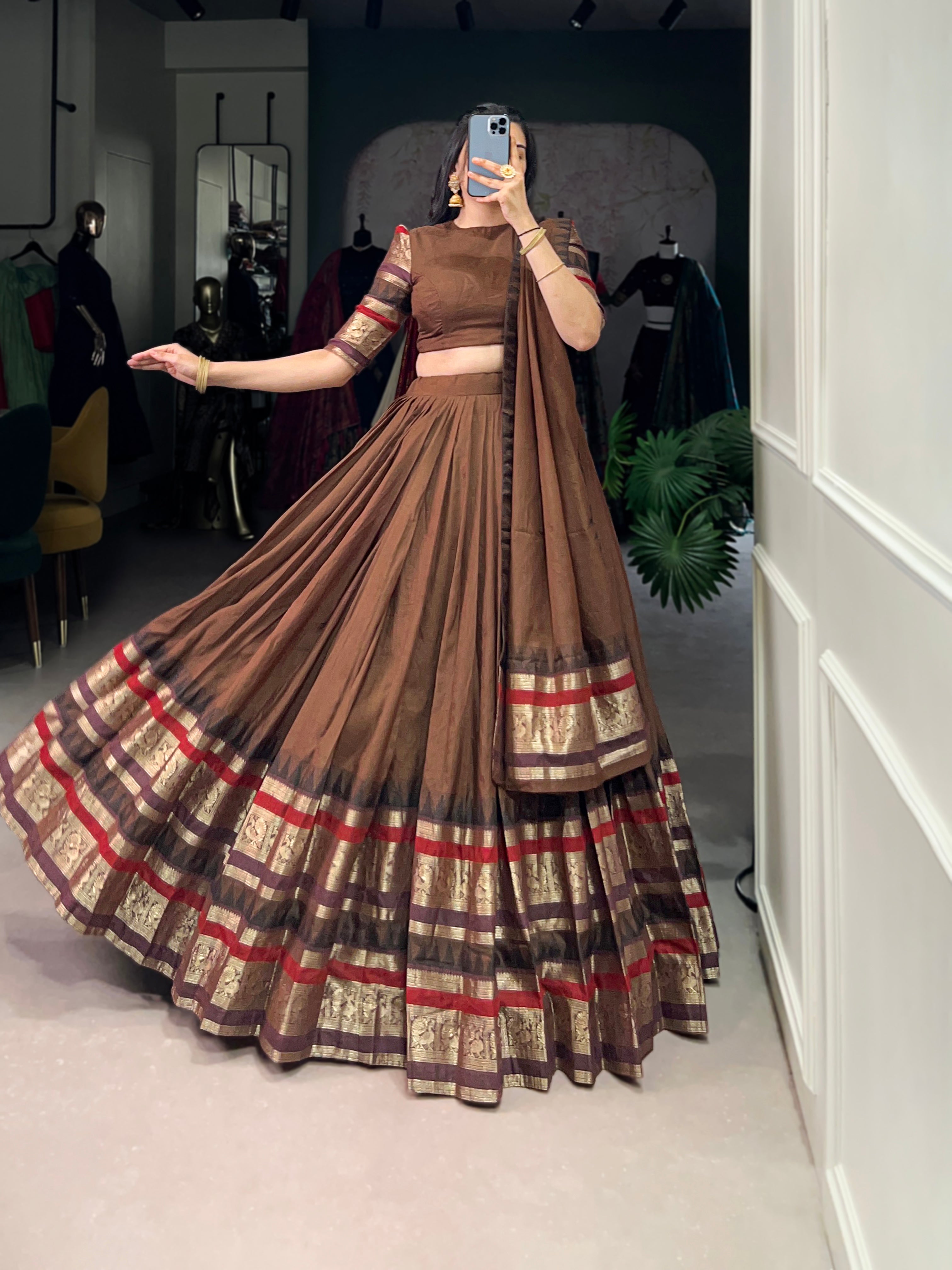 Traditional Lehenga Choli Set with Zari Weaving.