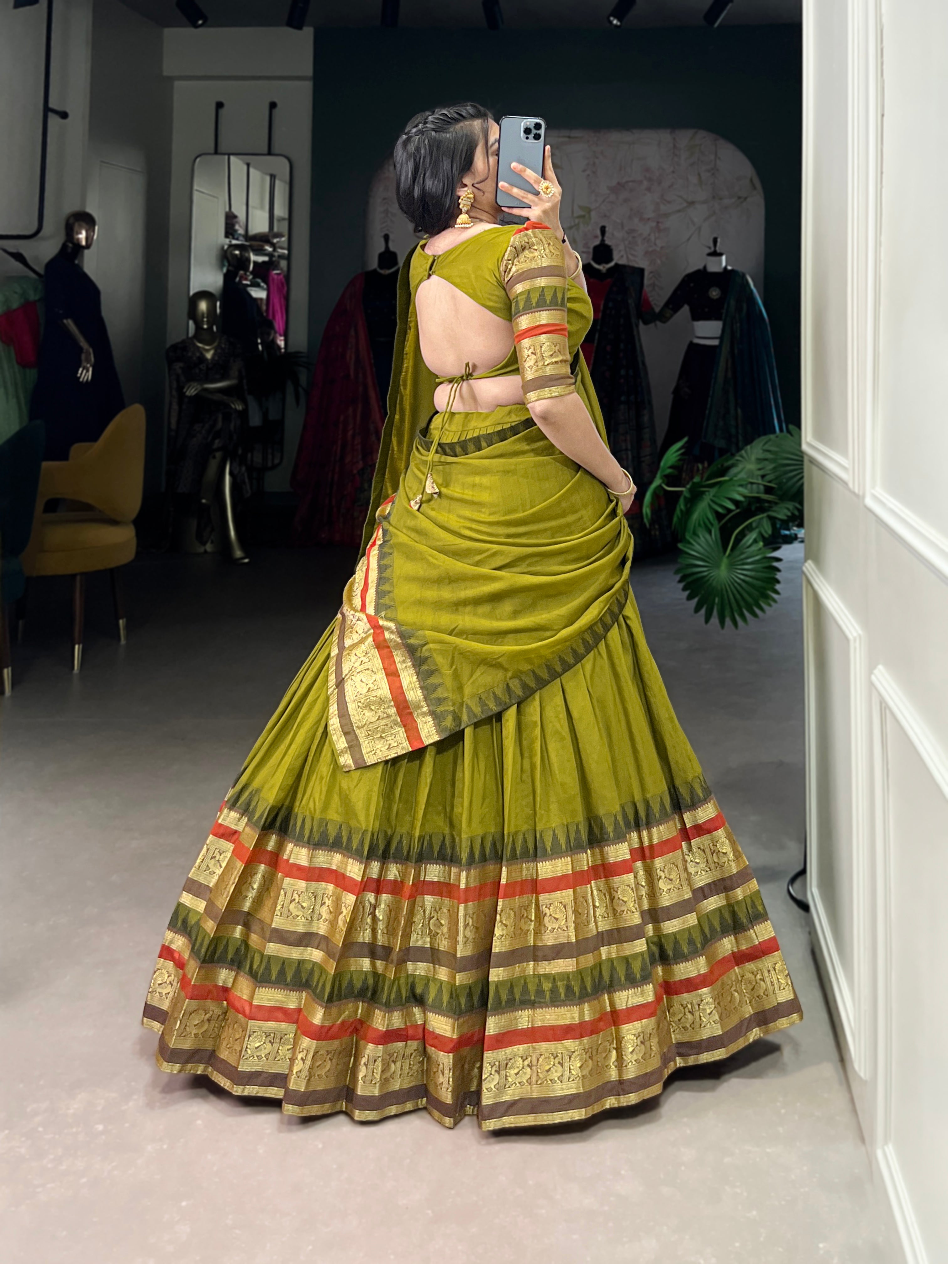 Traditional Lehenga Choli Set with Zari Weaving.