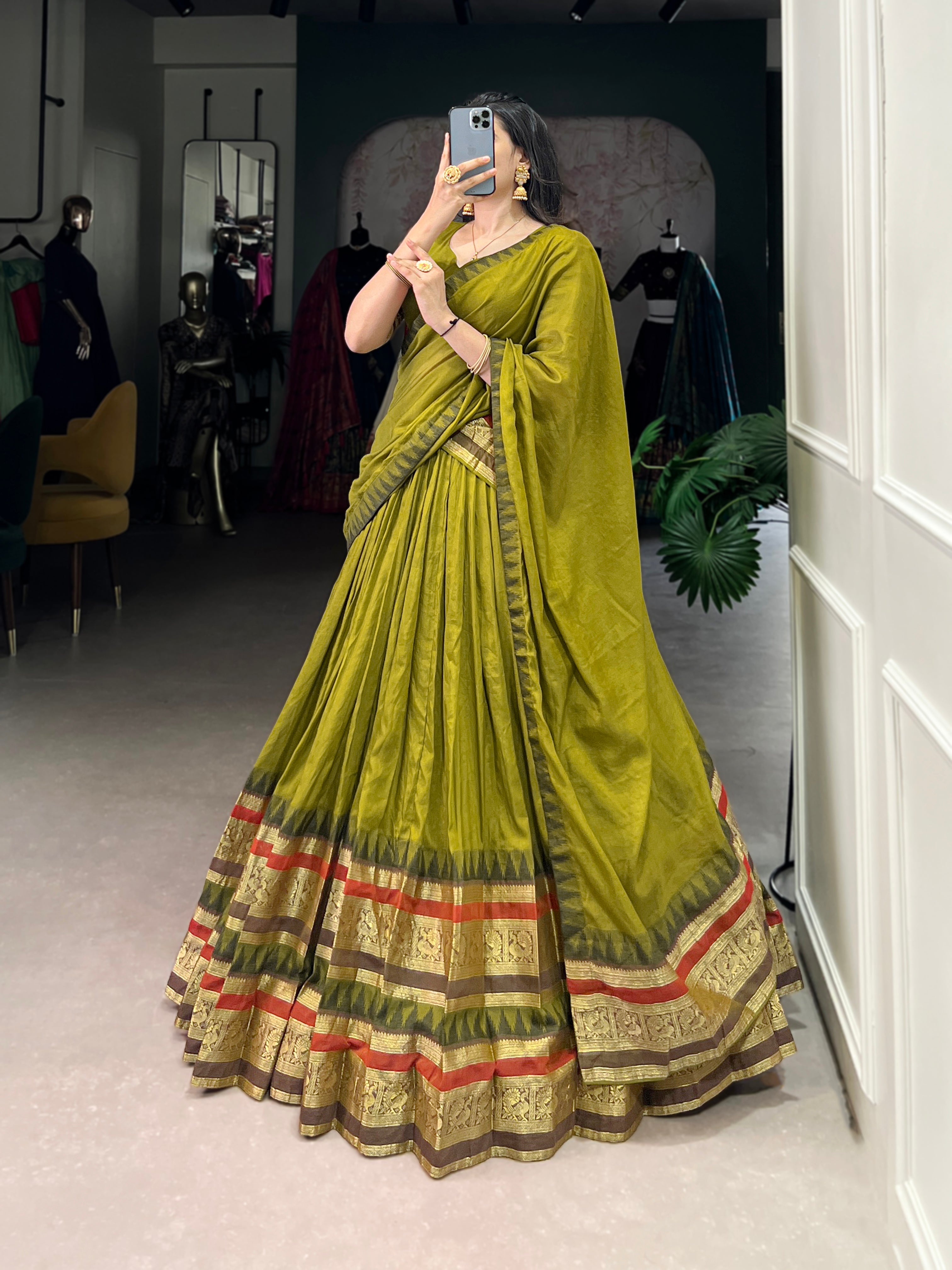 Traditional Lehenga Choli Set with Zari Weaving.