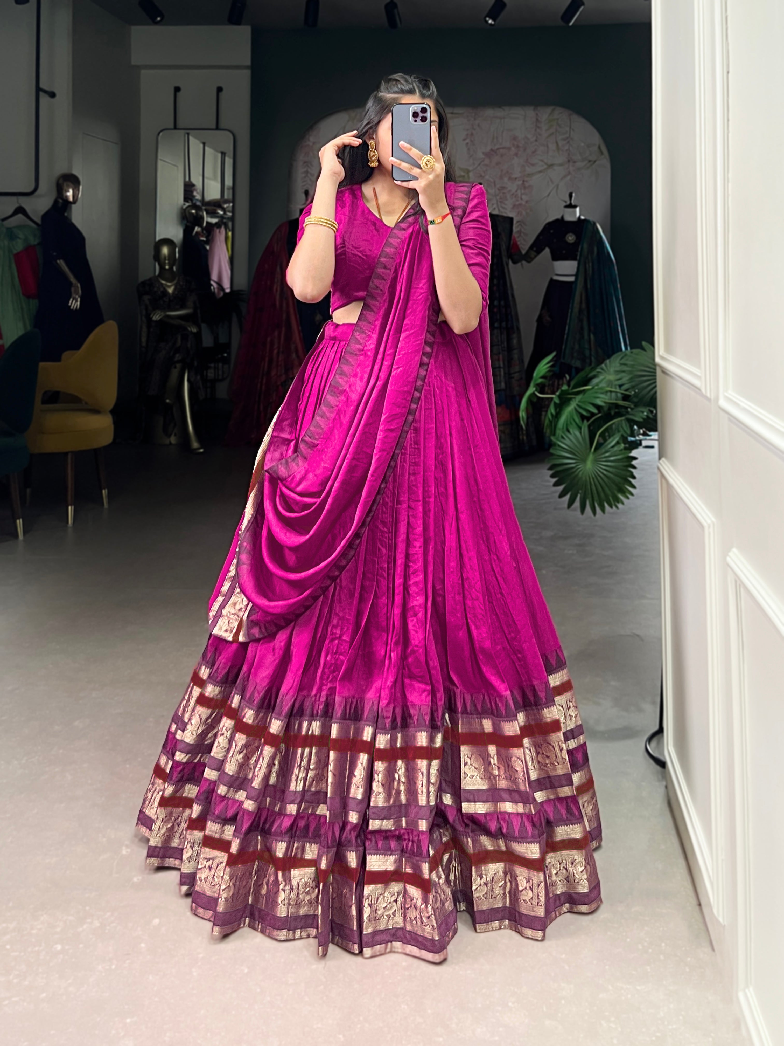 Traditional Lehenga Choli Set with Zari Weaving.