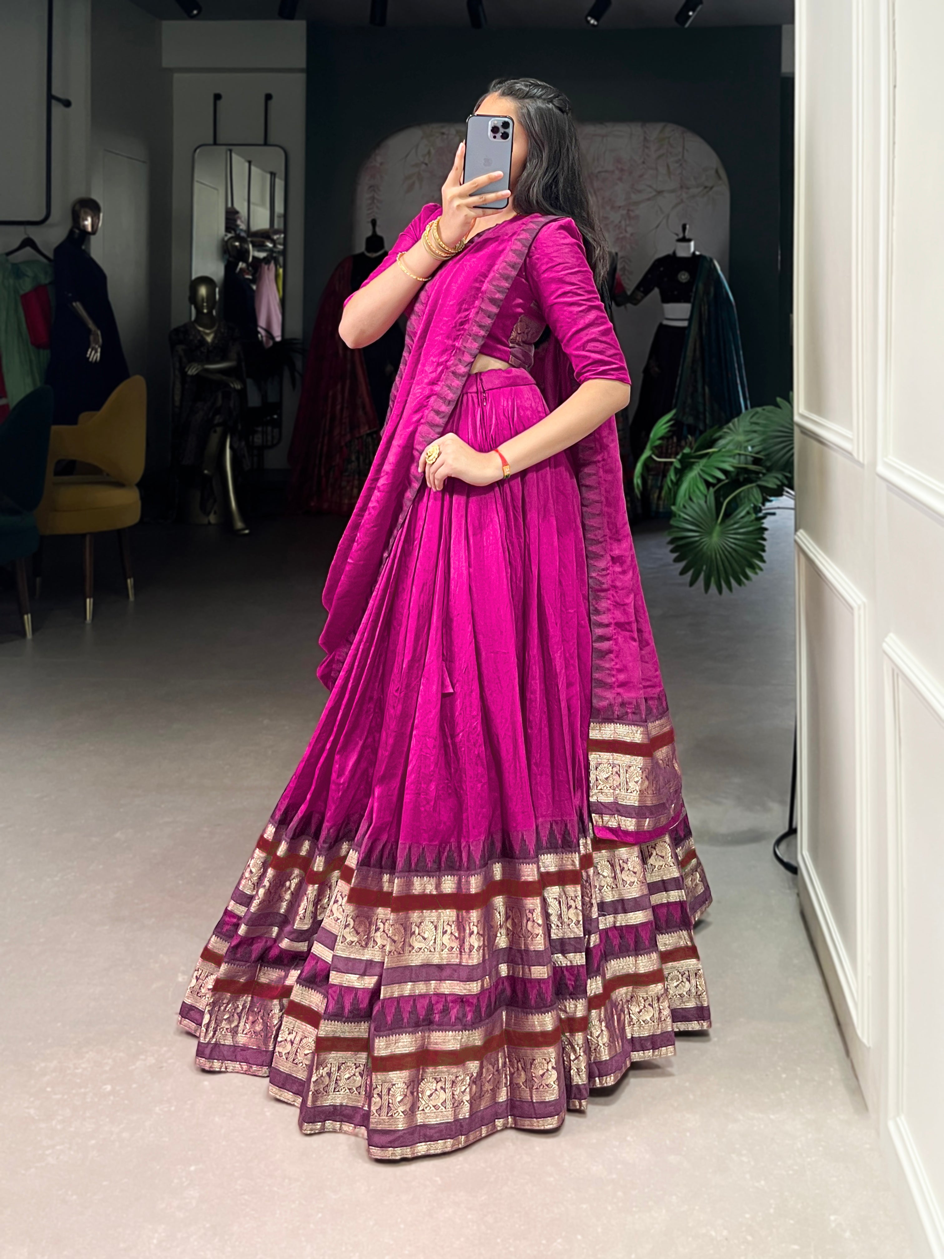 Traditional Lehenga Choli Set with Zari Weaving.