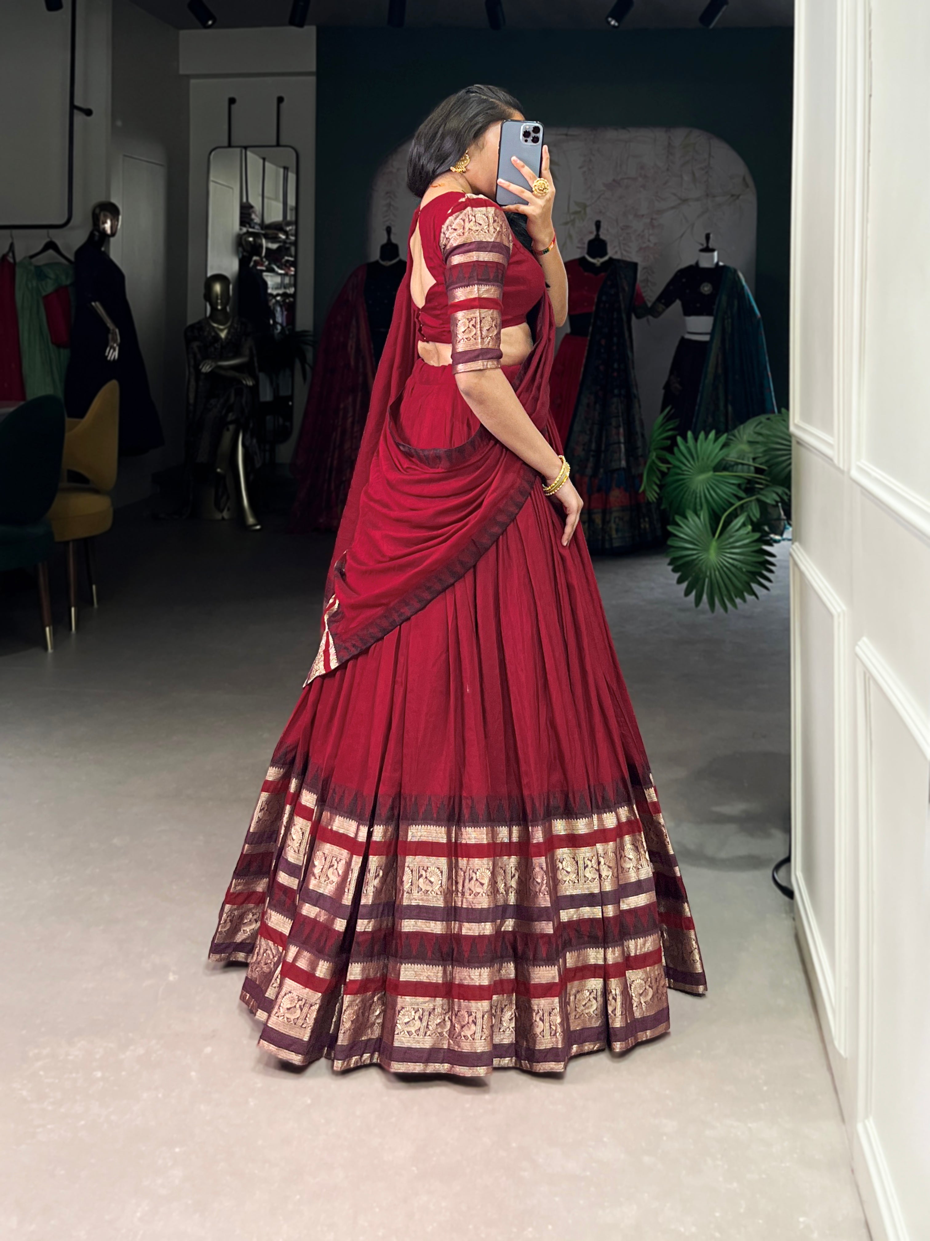 Traditional Lehenga Choli Set with Zari Weaving.