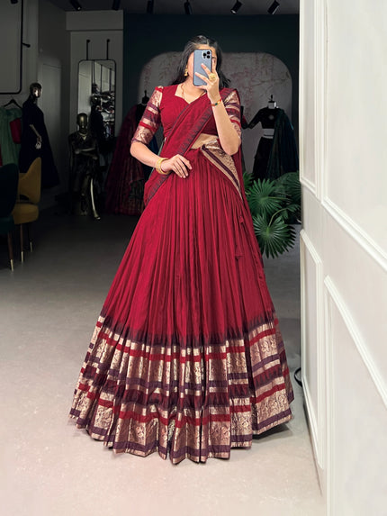 Traditional Lehenga Choli Set with Zari Weaving.