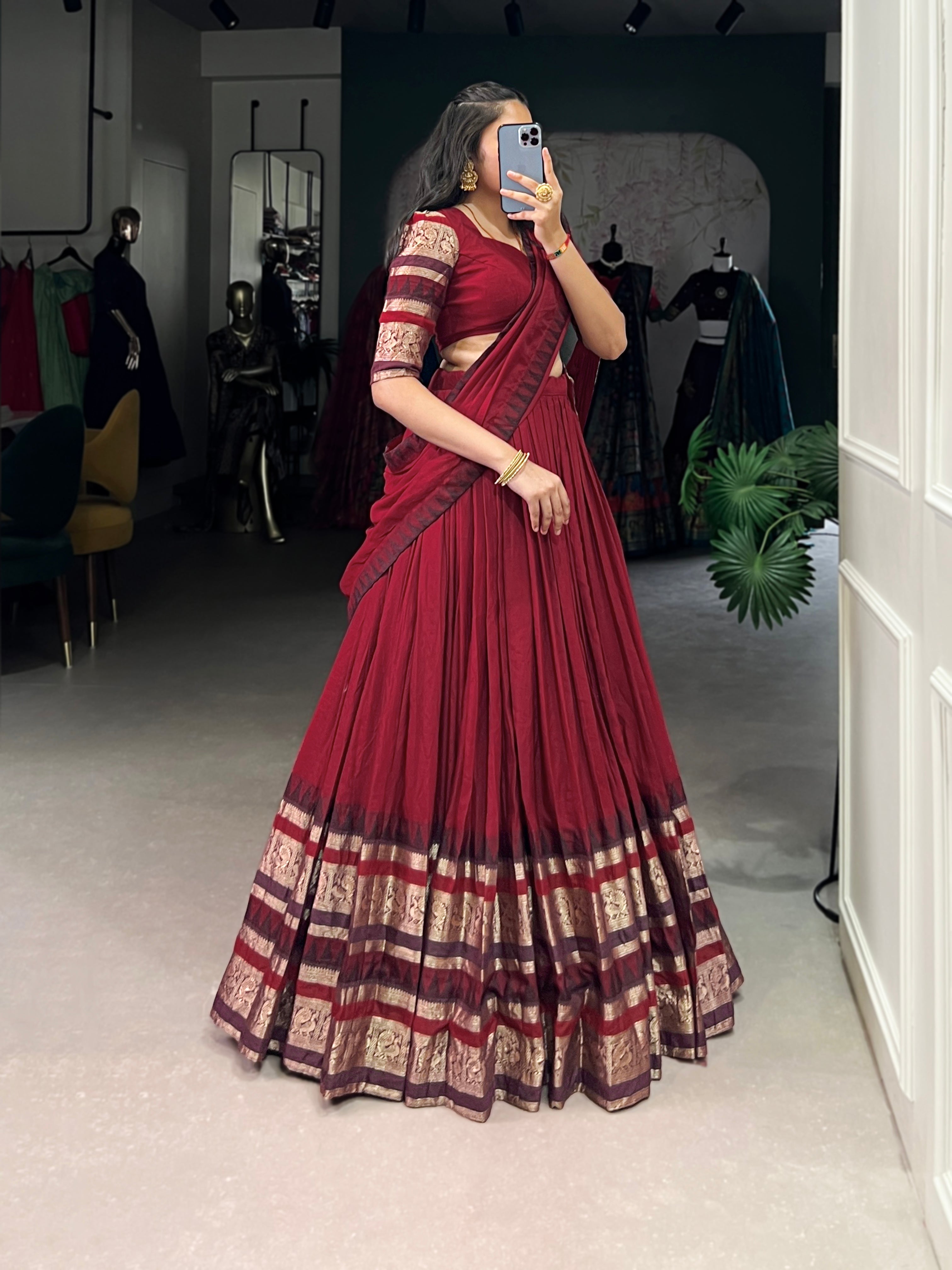 Traditional Lehenga Choli Set with Zari Weaving.