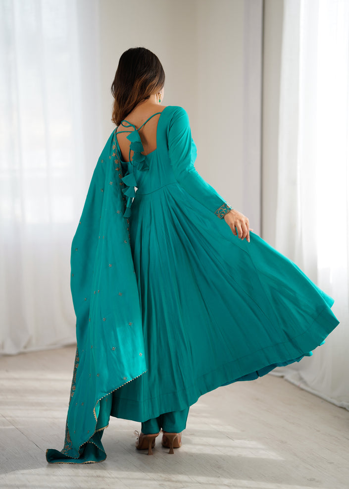 Teal Blue Embroidered Anarkali Kurta Set with Elegant Dupatta for Women.