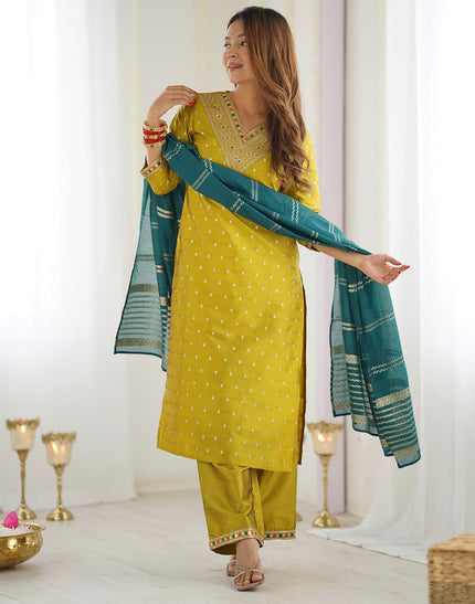 Traditional Mustard Kurta Pant Set With Dupatta.
