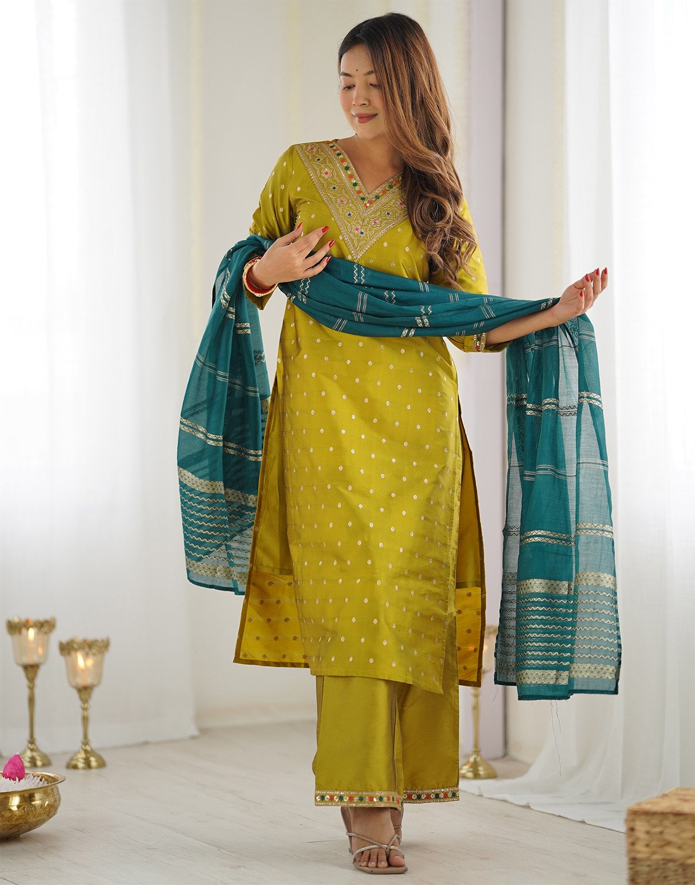 Traditional Mustard Kurta Pant Set With Dupatta.