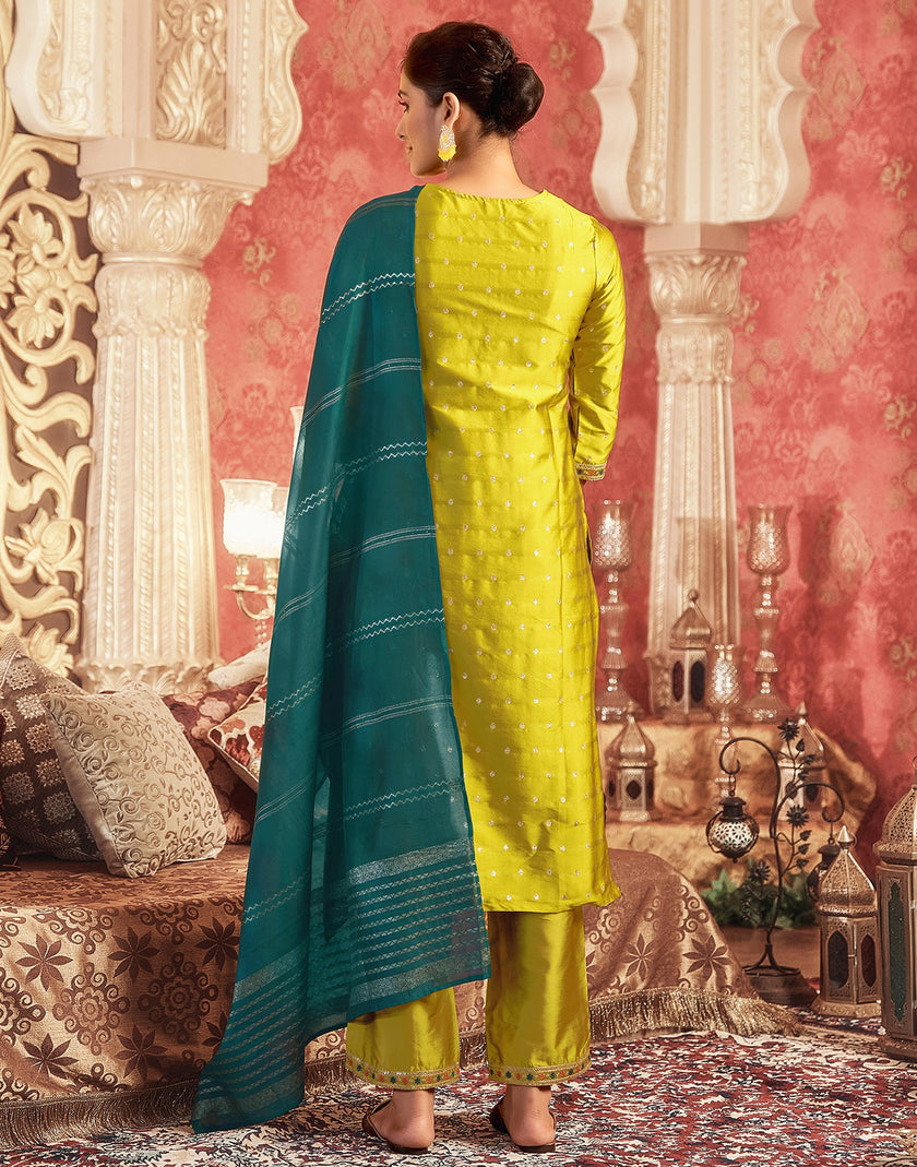 Traditional Mustard Kurta Pant Set With Dupatta.