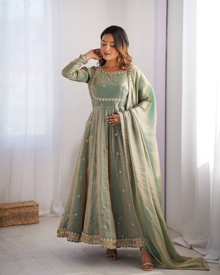 Designer Embroidered Anarkali Flared Gown With Elegant Dupatta.