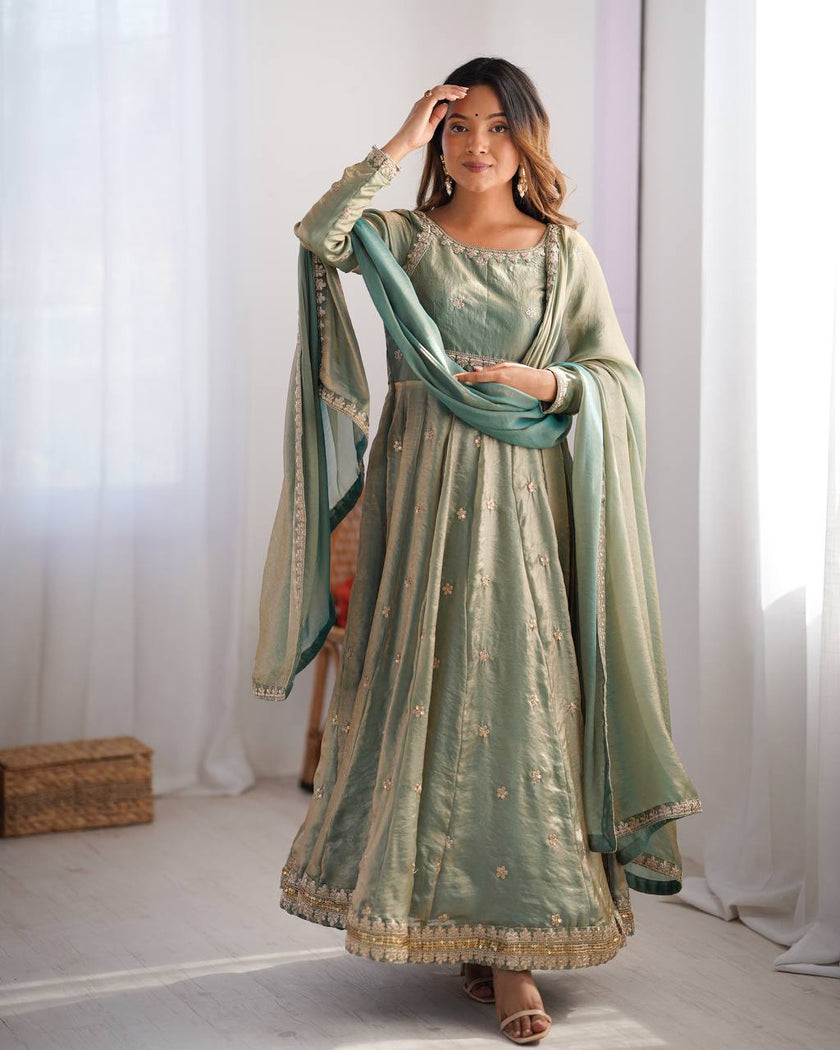 Designer Embroidered Anarkali Flared Gown With Elegant Dupatta.