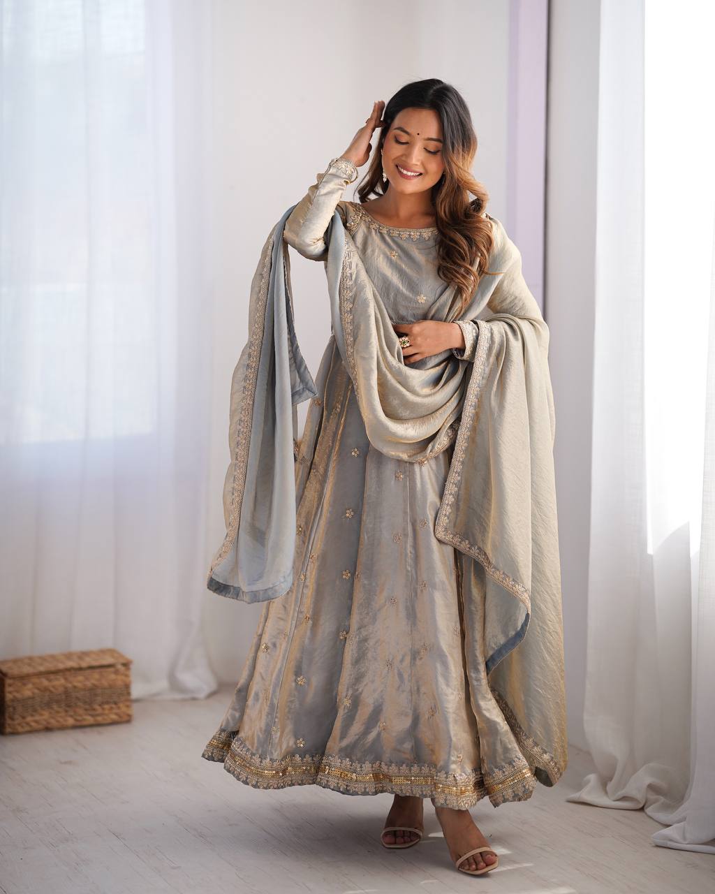 Designer Embroidered Anarkali Flared Gown With Elegant Dupatta.