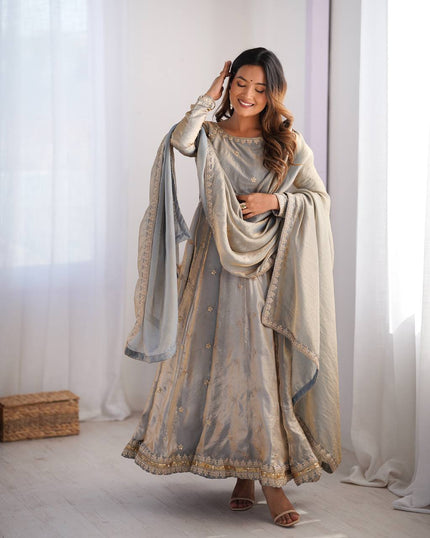 Designer Embroidered Anarkali Flared Gown With Elegant Dupatta.