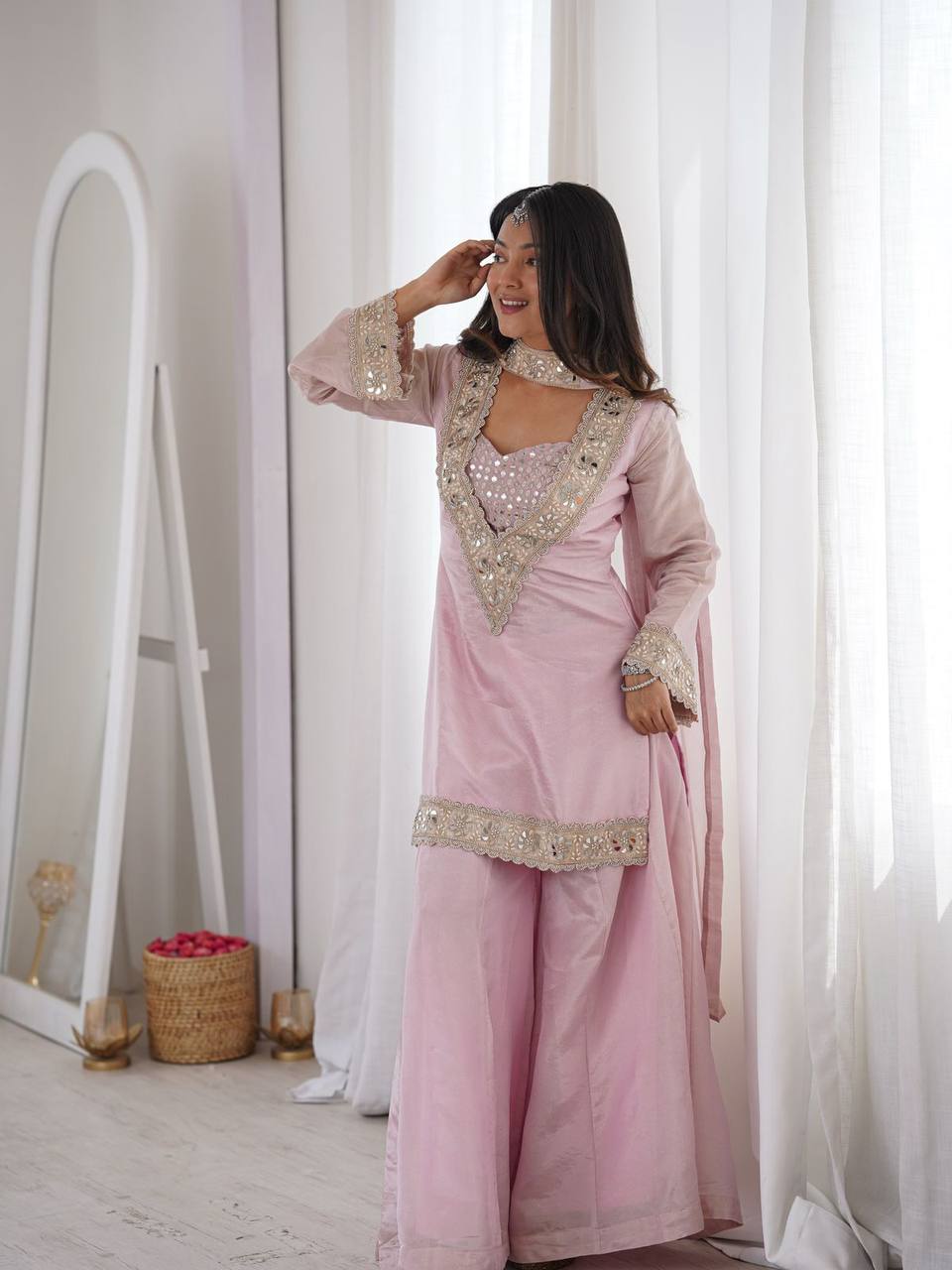 Premium Blush Pink Ethnic Suit with Heavy Embroidery Dupatta.