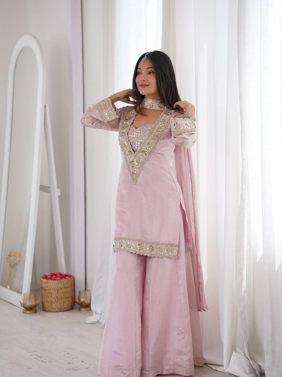 Premium Blush Pink Ethnic Suit with Heavy Embroidery Dupatta.