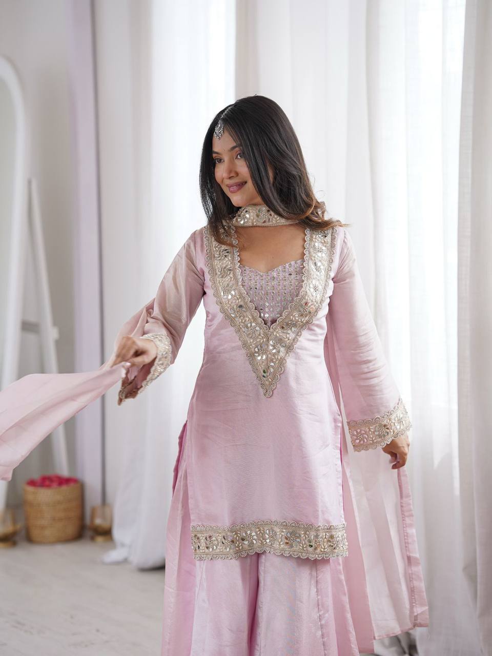 Premium Blush Pink Ethnic Suit with Heavy Embroidery Dupatta.