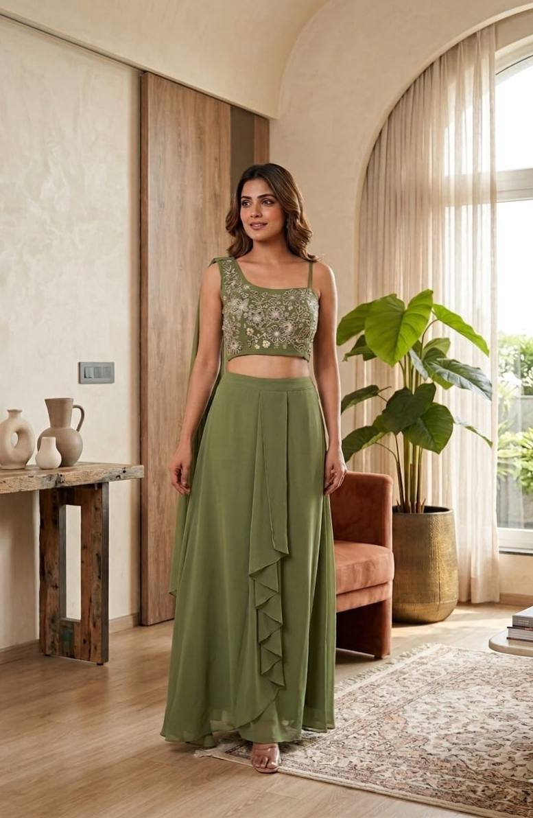 Olive Green Embroidered Crop Top & Ruffle Palazzo Set.