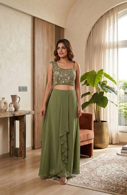 Olive Green Embroidered Crop Top & Ruffle Palazzo Set.