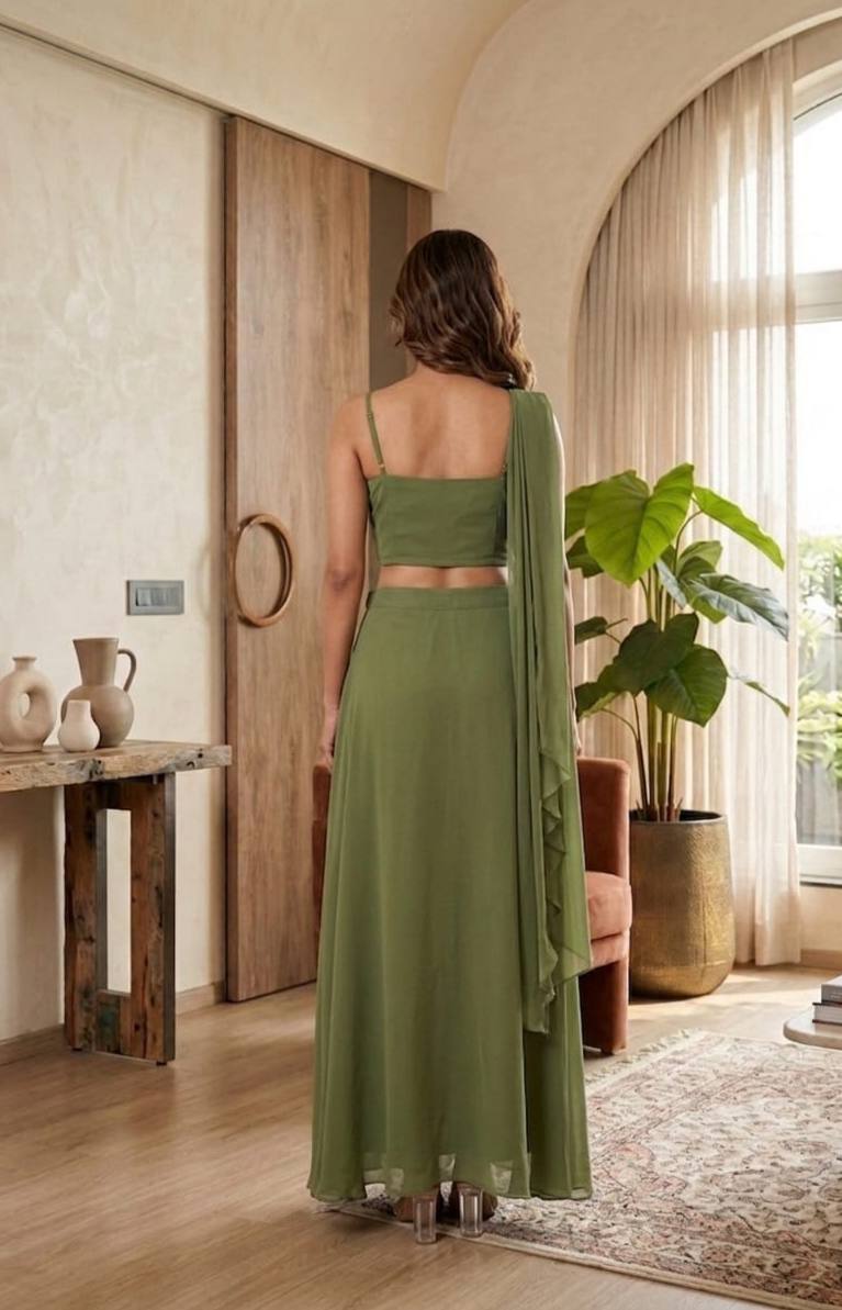 Olive Green Embroidered Crop Top & Ruffle Palazzo Set.