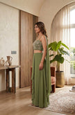 Olive Green Embroidered Crop Top & Ruffle Palazzo Set.