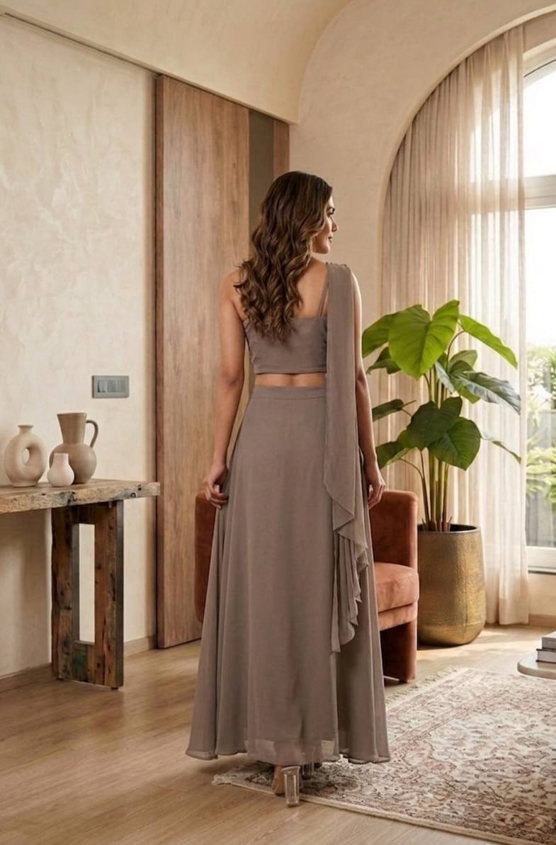 Olive Green Embroidered Crop Top & Ruffle Palazzo Set.