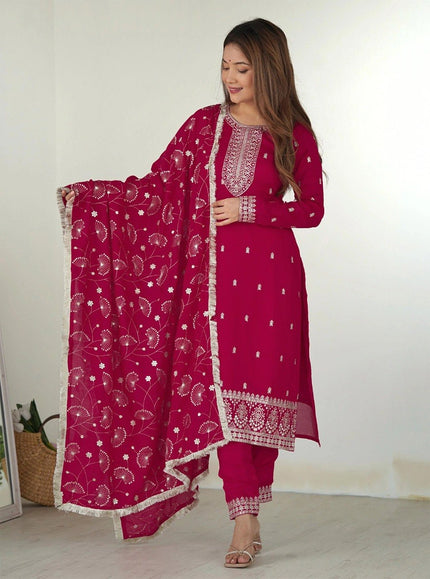 Magenta Embroidered Kurta Pant & Dupatta Set.
