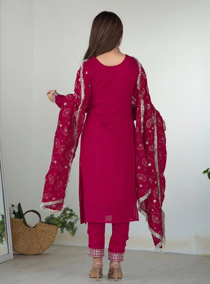 Magenta Embroidered Kurta Pant & Dupatta Set.