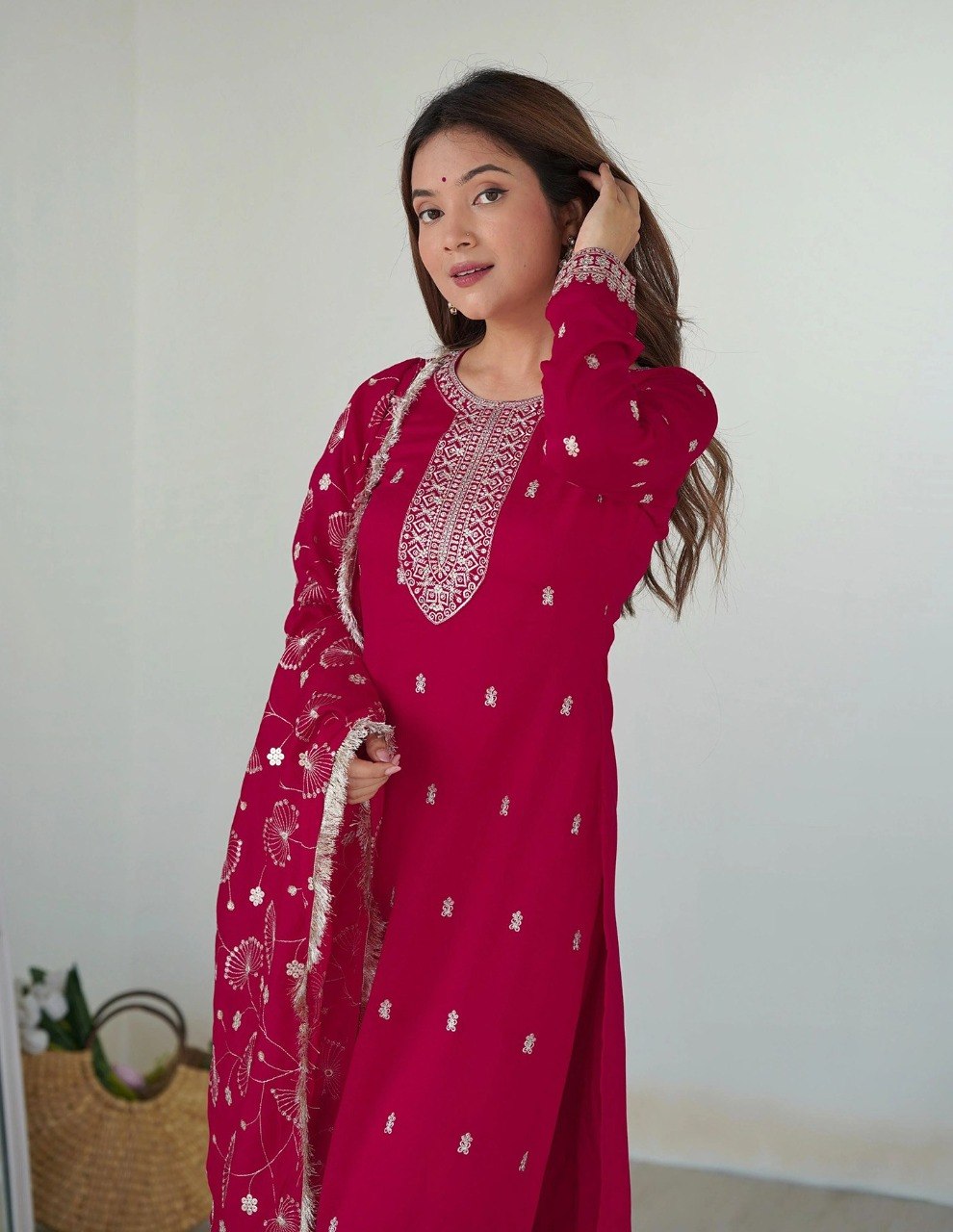 Magenta Embroidered Kurta Pant & Dupatta Set.