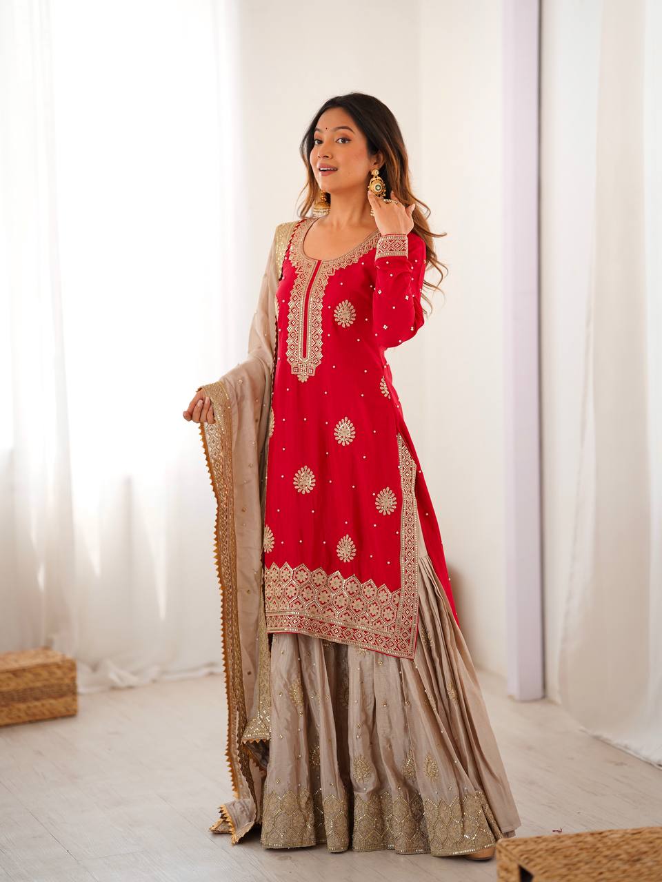 Elegant Designer Sharara Set with Embroidered Dupatta.