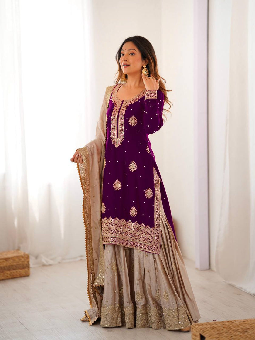 Elegant Designer Sharara Set with Embroidered Dupatta.