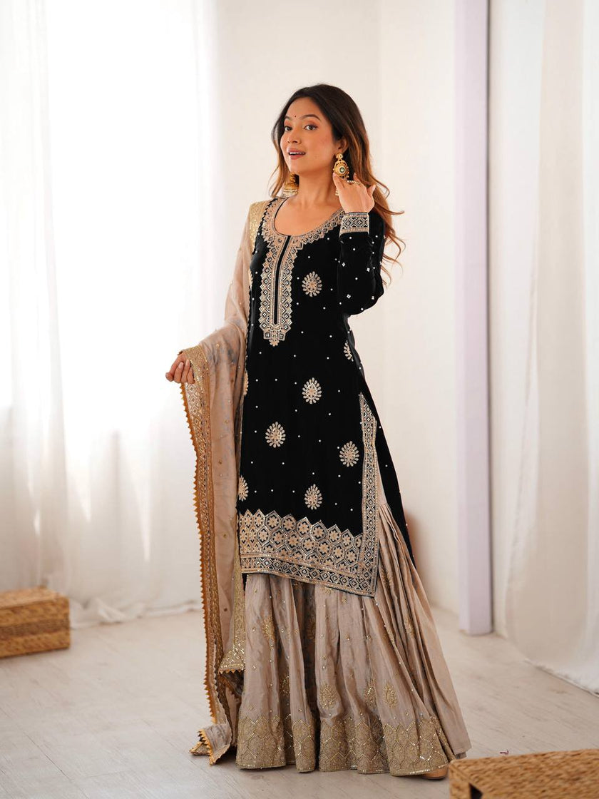 Elegant Designer Sharara Set with Embroidered Dupatta.