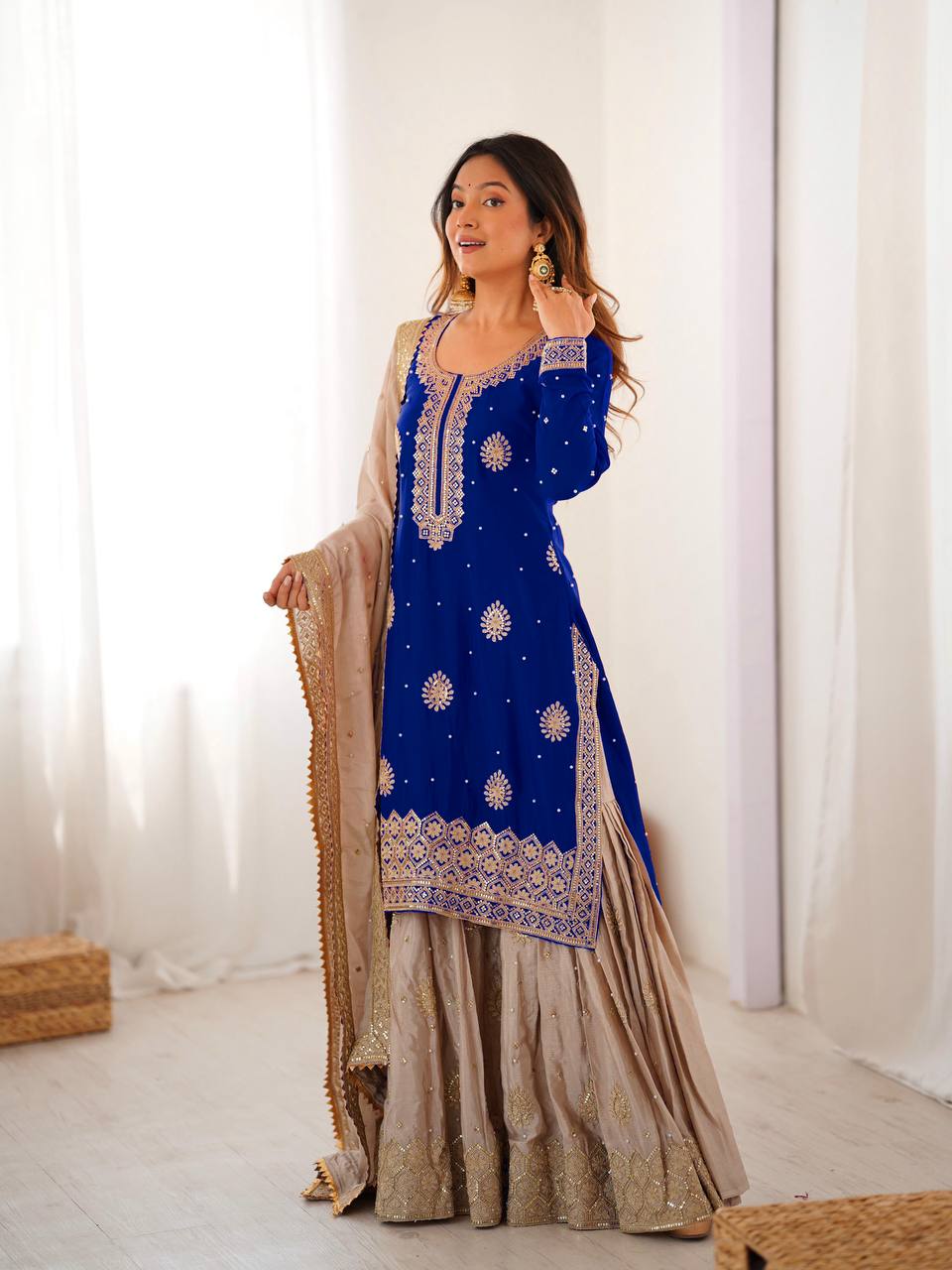 Elegant Designer Sharara Set with Embroidered Dupatta.