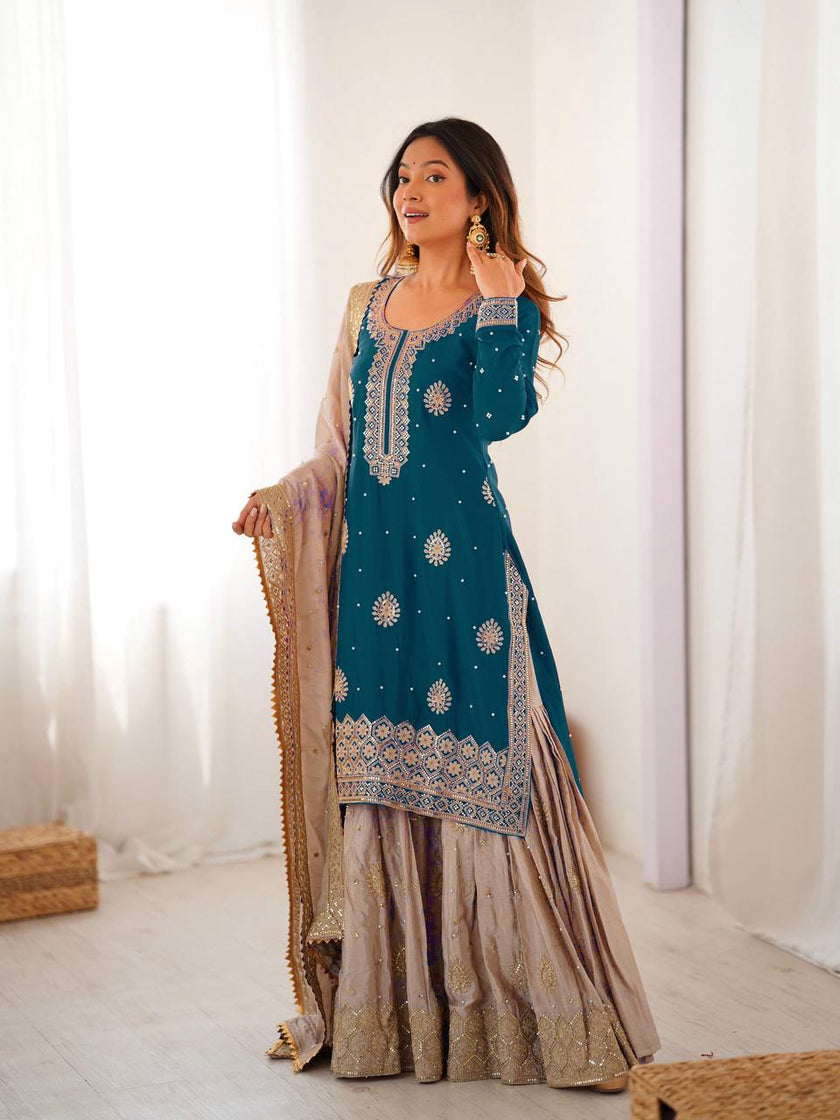 Elegant Designer Sharara Set with Embroidered Dupatta.