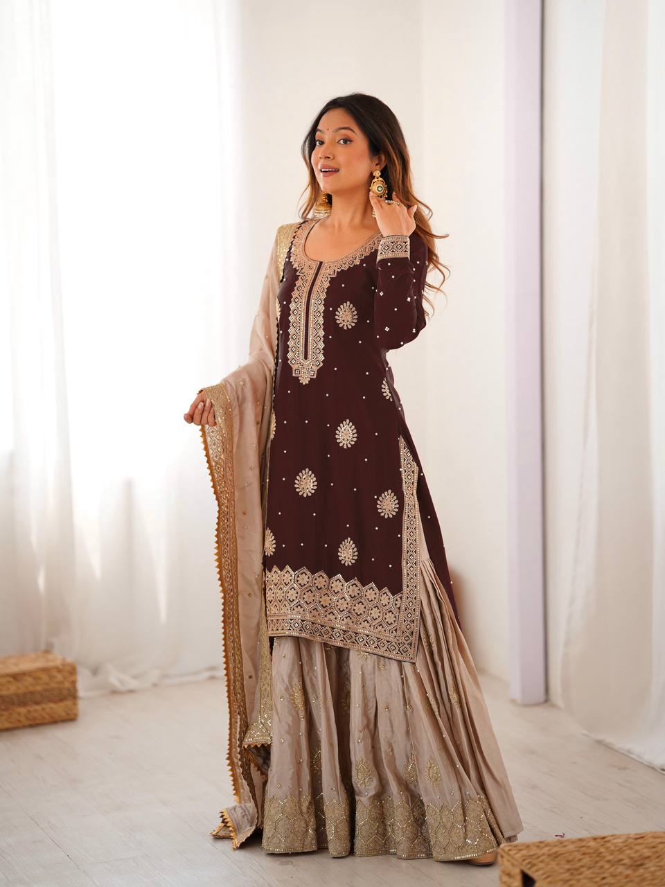 Elegant Designer Sharara Set with Embroidered Dupatta.