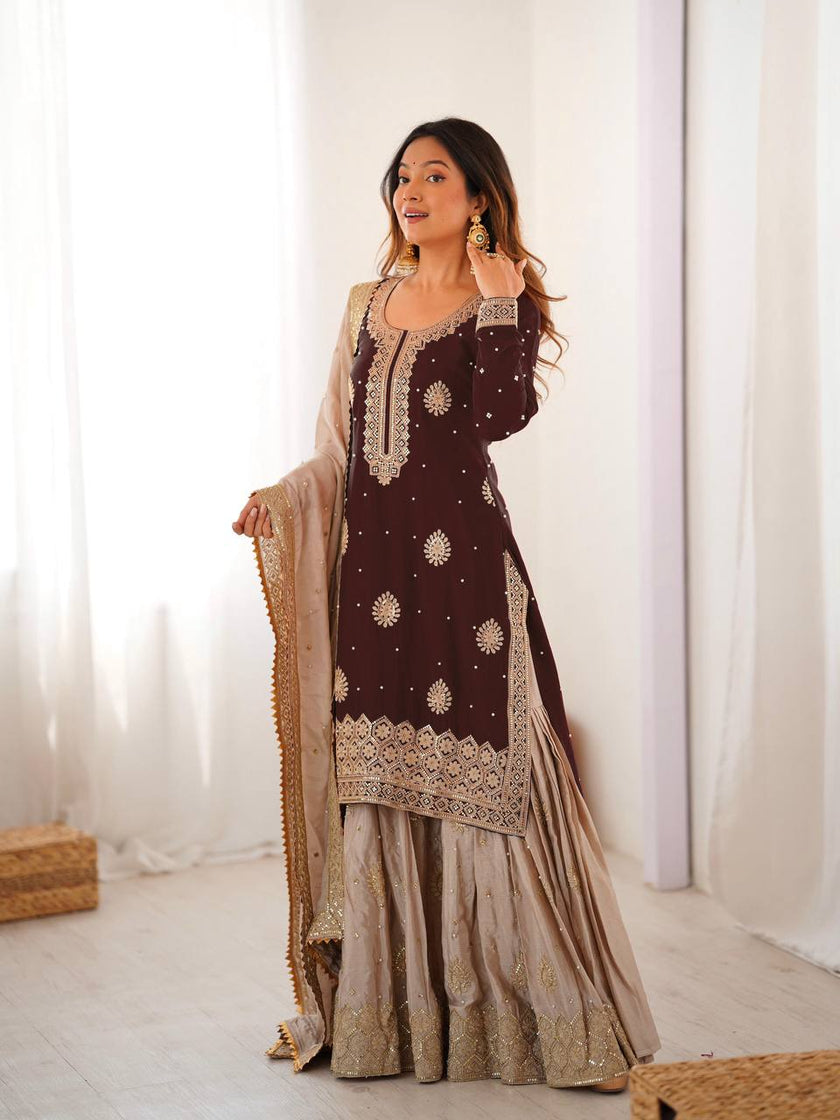 Elegant Designer Sharara Set with Embroidered Dupatta.