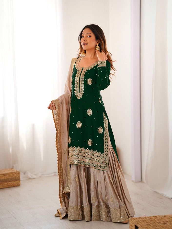 Elegant Designer Sharara Set with Embroidered Dupatta.