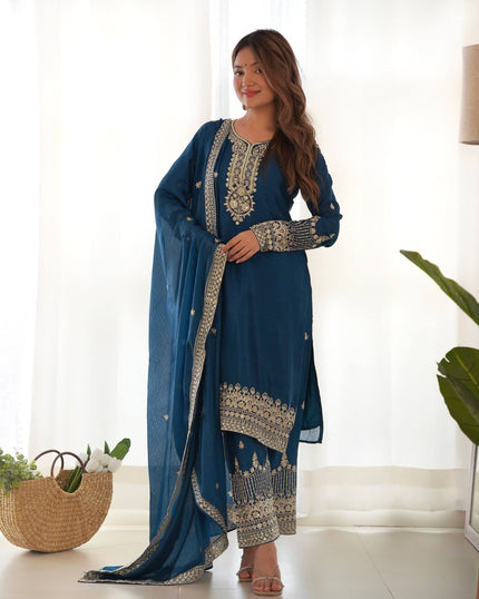 Royal Blue Embroidered Kurta Palazzo Set with Elegant Dupatta for Women.