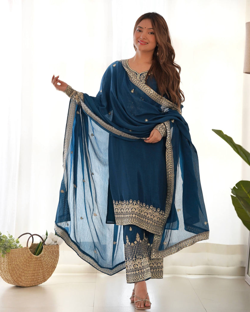 Royal Blue Embroidered Kurta Palazzo Set with Elegant Dupatta for Women.