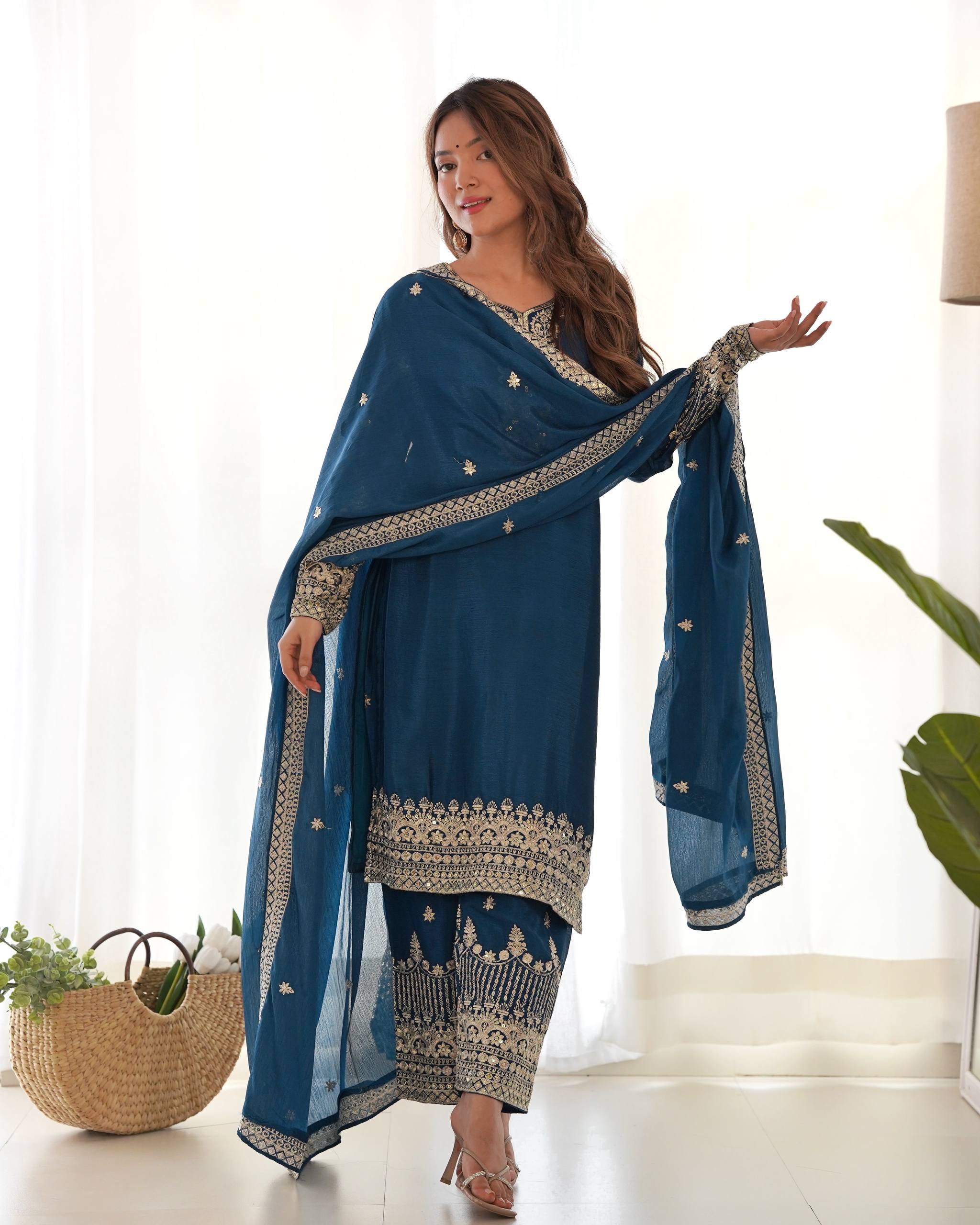 Royal Blue Embroidered Kurta Palazzo Set with Elegant Dupatta for Women.