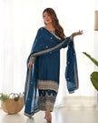 Royal Blue Embroidered Kurta Palazzo Set with Elegant Dupatta for Women.