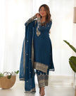 Royal Blue Embroidered Kurta Palazzo Set with Elegant Dupatta for Women.