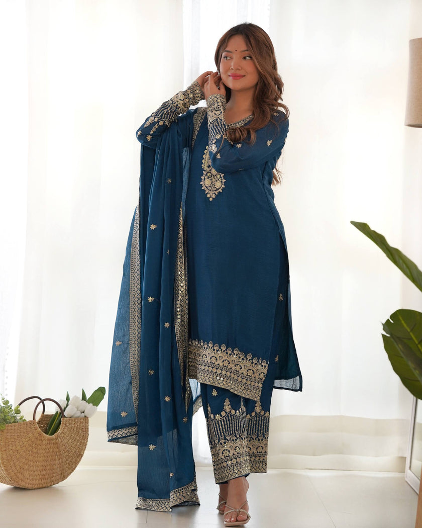 Royal Blue Embroidered Kurta Palazzo Set with Elegant Dupatta for Women.