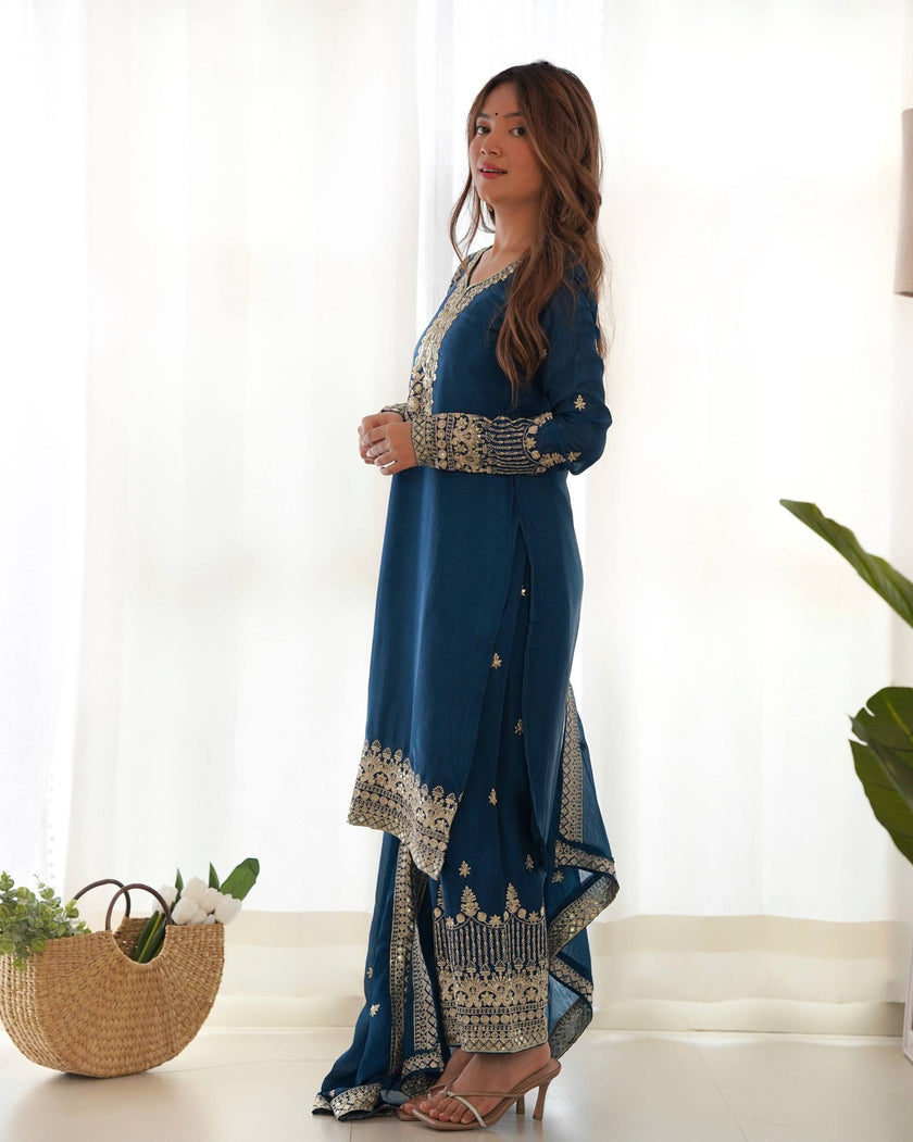 Royal Blue Embroidered Kurta Palazzo Set with Elegant Dupatta for Women.