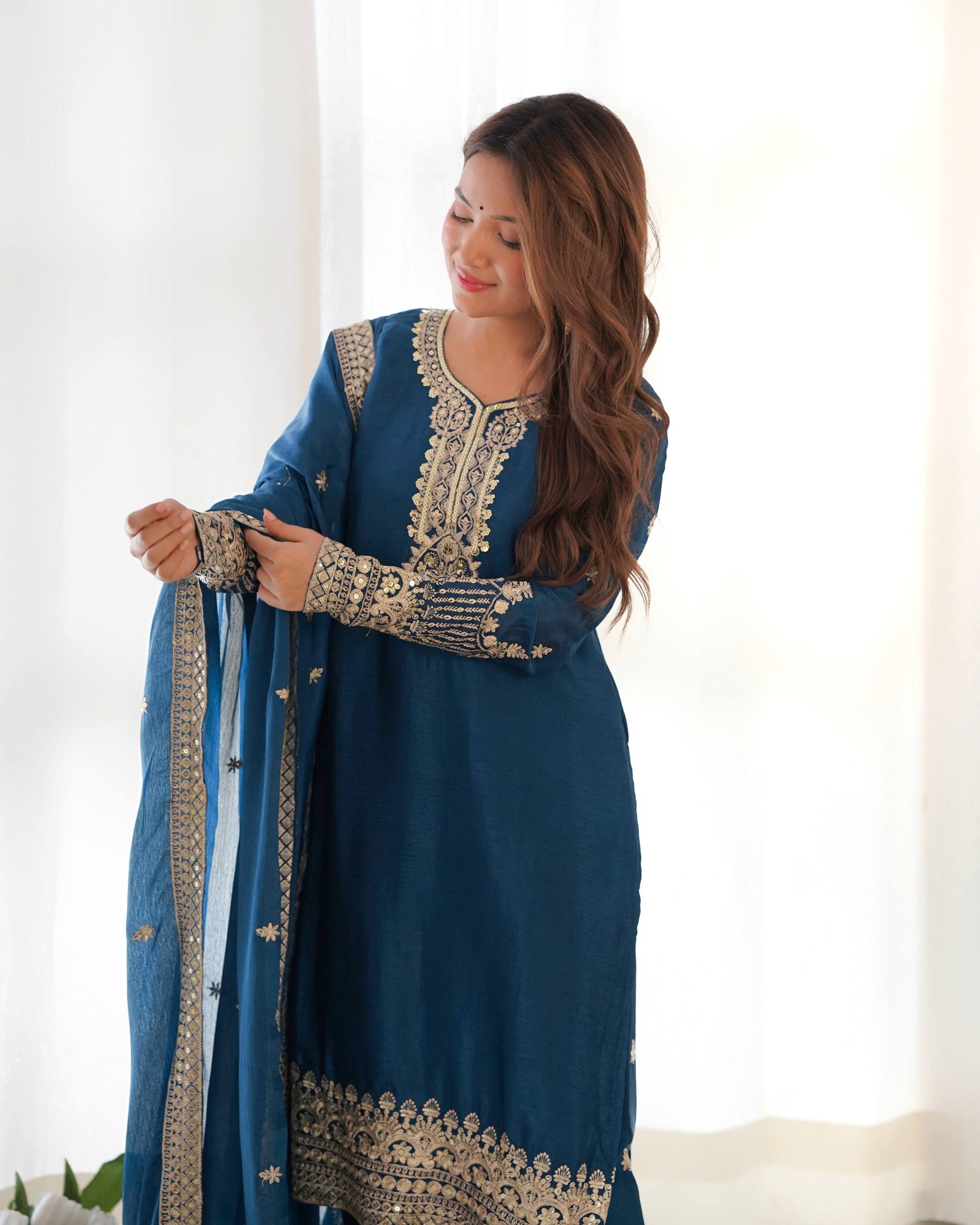 Royal Blue Embroidered Kurta Palazzo Set with Elegant Dupatta for Women.