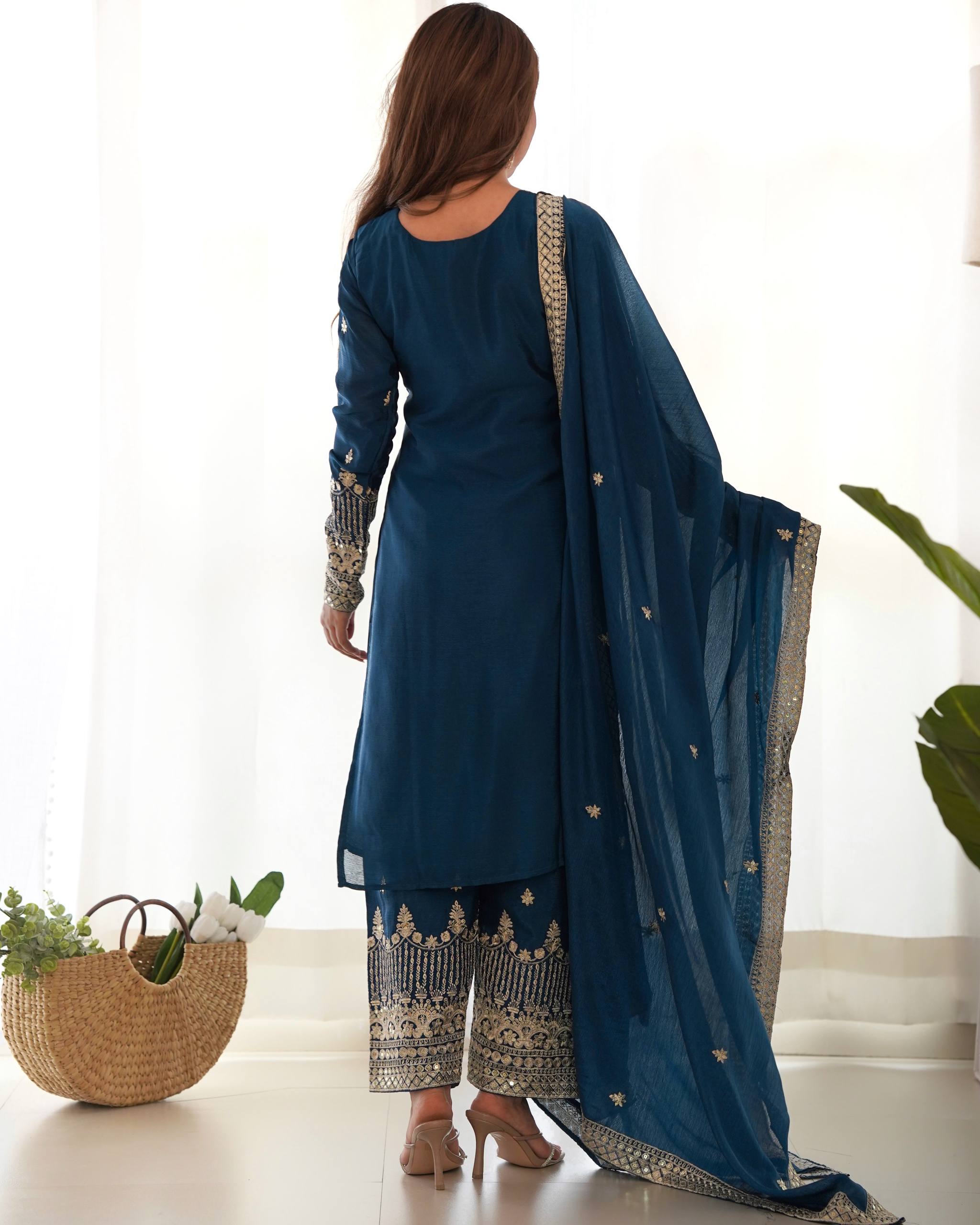 Royal Blue Embroidered Kurta Palazzo Set with Elegant Dupatta for Women.
