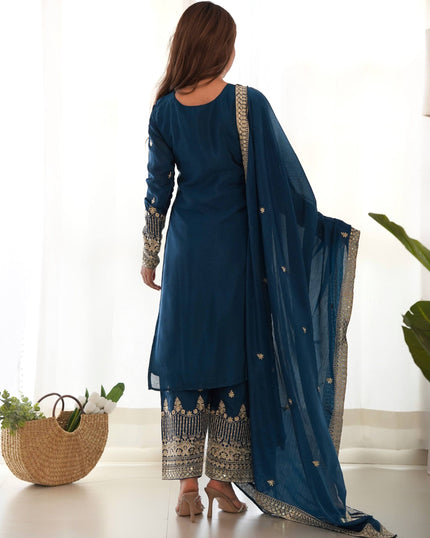 Royal Blue Embroidered Kurta Palazzo Set with Elegant Dupatta for Women.
