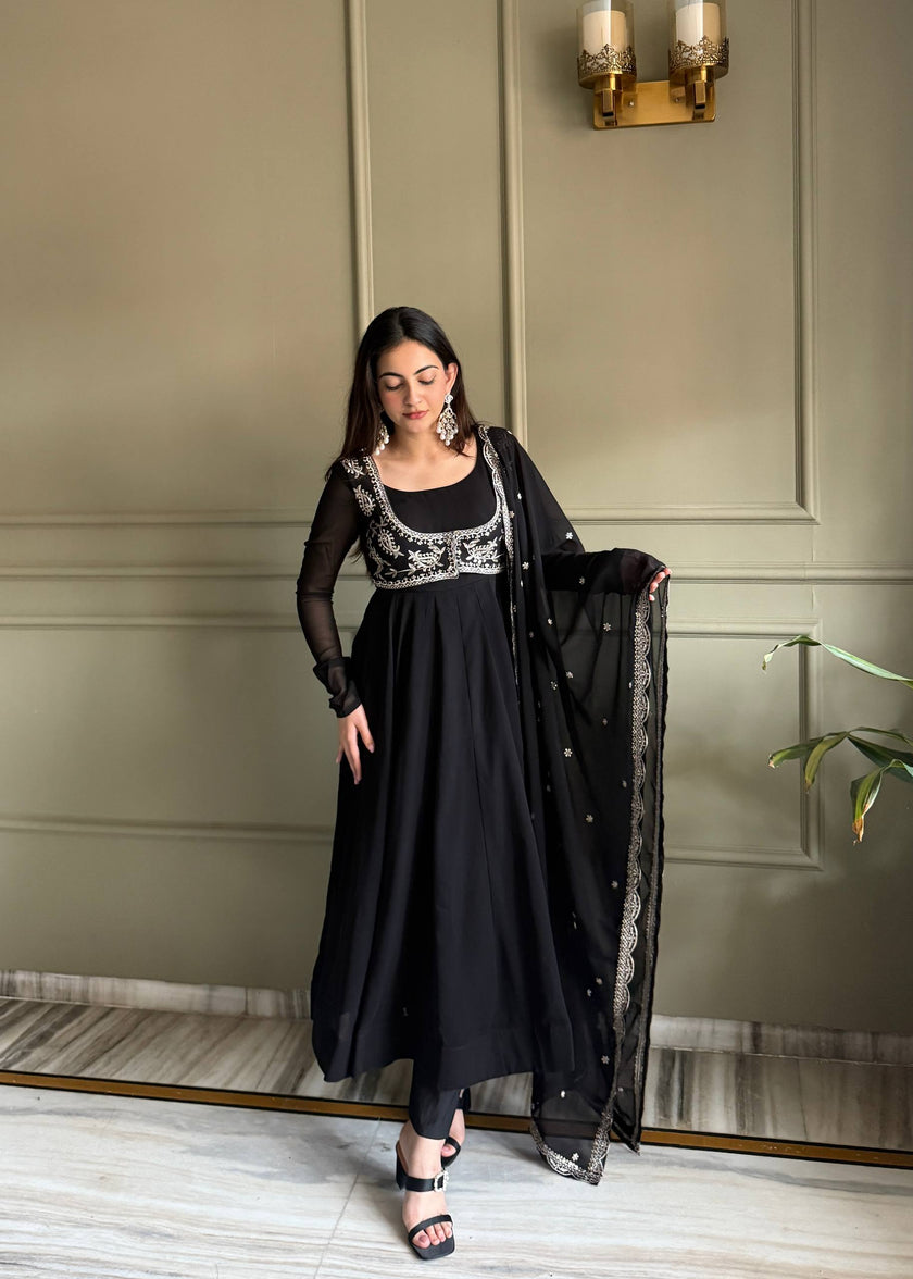 Elegant Black Embroidered Anarkali Suit Set for Women with Designer Dupatta.