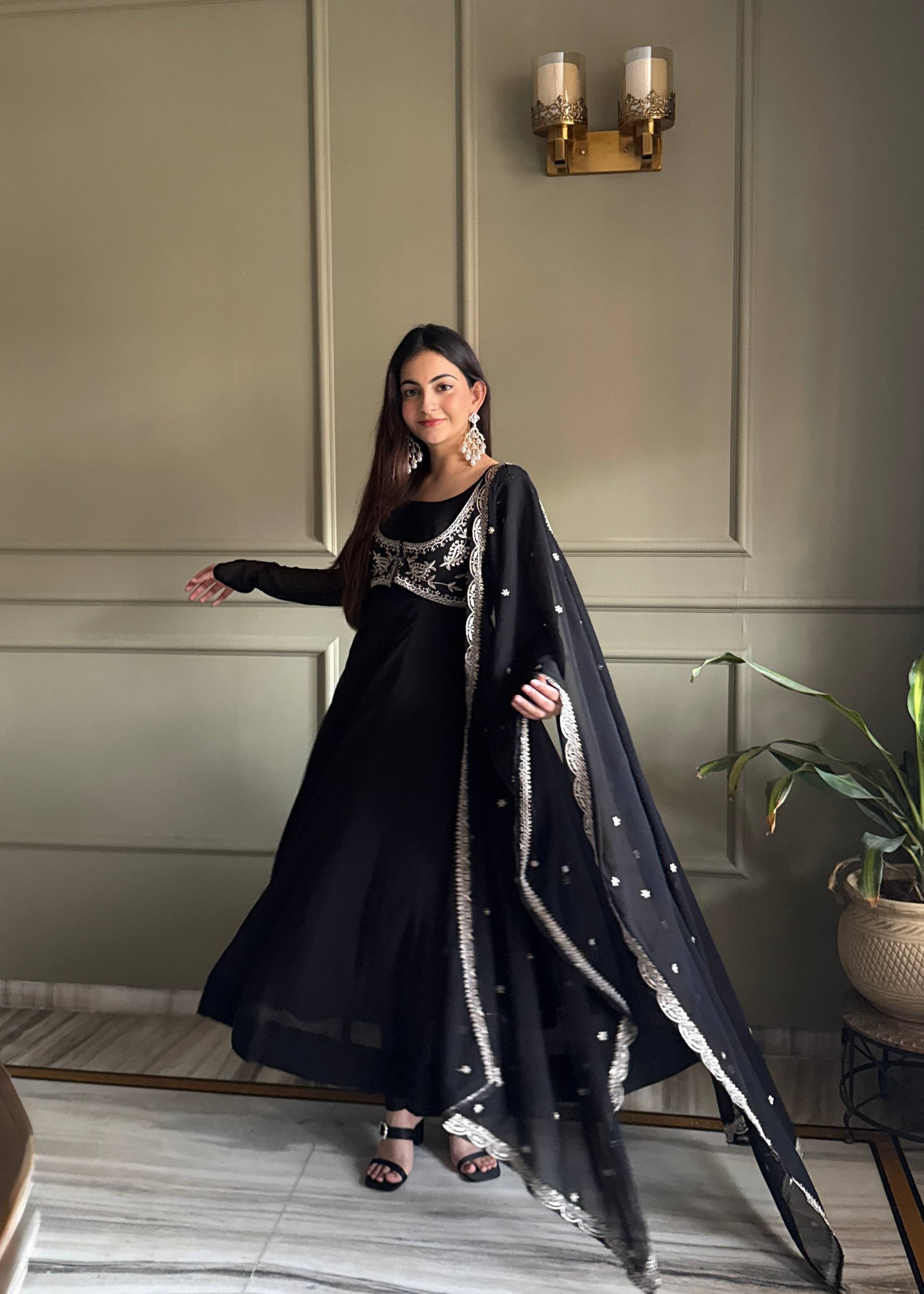 Elegant Black Embroidered Anarkali Suit Set for Women with Designer Dupatta.